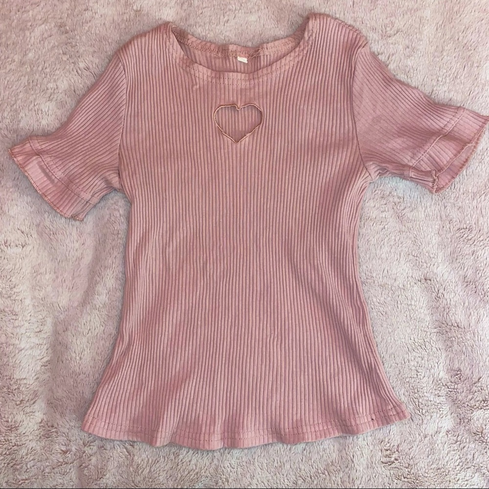 SHEIN RIBBED PINK HEART CUTOUT TOP